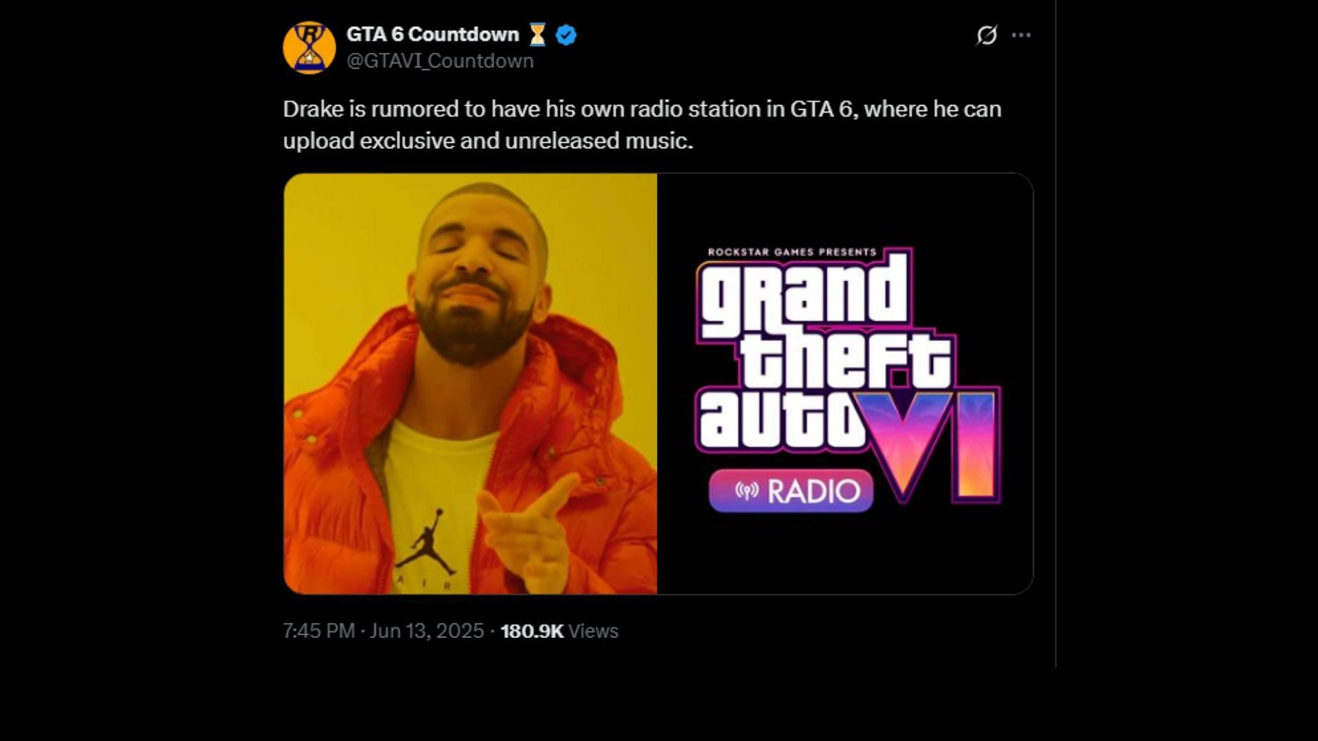 Could Drake have his own radio station in Grand Theft Auto 6? (Image via X/@GTAVI_Countdown)
